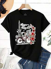 Camiseta Casual Elegante "Boyour Paris" con Estampado Gráfico para Mujer - Cuello Redondo Casual, Manga Corta con Diseño de la Torre Eiffel y Flores, Perfecta para Primavera y Verano, Rosa, Camisetas para Damas 100% Algodón Resistente - Negro - Ver 2