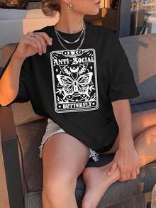 Camiseta unisex de manga corta, Camiseta con estampado de cartas de tarot de mariposa retro: Crea sin esfuerzo un look dulce y casual.Perfecto para el tiempo libre de verano.Desplazamientos Diarios.Salidas informales.¡y Vacaciones!playeras hombre,spiderman,, mujer,romwe men,boho chic,maestras regalos,camiseta para mujerconjuntos curvy para mu,y2k, - Negro - Ver 1