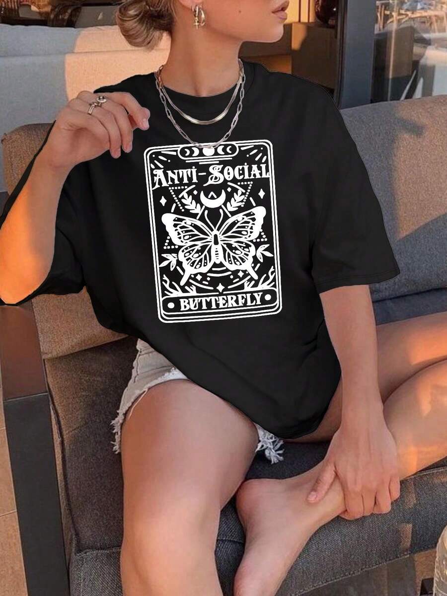 Camiseta unisex de manga corta, Camiseta con estampado de cartas de tarot de mariposa retro: Crea sin esfuerzo un look dulce y casual.Perfecto para el tiempo libre de verano.Desplazamientos Diarios.Salidas informales.¡y Vacaciones!playeras hombre,spiderman,, mujer,romwe men,boho chic,maestras regalos,camiseta para mujerconjuntos curvy para mu,y2k, - Negro - Ver 1