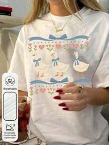 Camiseta Casual 1 pieza para mujer, estilo retro de los 80, de corte holgado, con estampado de pato coqueta, lazo y flores, de algodón suave, manga corta, estilo casual urbano para mujer, 180g - Camisetas de verano de manga corta con estampado gráfico para mujer, bonitas camisetas casuales de playa, conjunto dulce para el Día de la Madre, camisetas gráficas, camisetas gráficas occidentales, ropa para hombre, camisas para hombre, camisetas gráficas, ropa de mujer, tops de verano, ropa de verano, camisetas gráficas, 100% algodón, duradera. - Blanco - Ver 7
