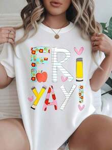 Women's Casual T-Shirt - F R I Y A Y - Summer T-Shirt With Floral Heart And Apple Pencil Print, Round Neck, Machine Washable, Women's T-Shirts, Casual Outfit, Modern Style, Comfortable Fit
Black 100% Cotton Durable - 白色 - 查看 7