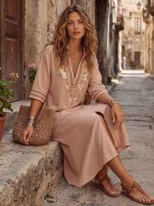 Vestido largo de mujer de cuello en V sólido rosa con estampado bordado, vestido midi elegante de corte holgado con estampado bordado, bajo con abertura lateral, adecuado para la playa, uso casual, ir al trabajo, uso diario, nueva llegada de verano - Rosa - Ver 3