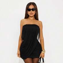 Vestido Mini Ajustado Sin Mangas con Pliegues, Estilo Elegante Color Sólido - Negro - Ver 6