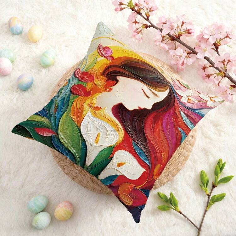 1件花卉女性肖像印花涤纶抱枕套（不含枕芯），尺寸：11.81*19.71英寸（30*50厘米）/15.75*23.62英寸（40*60厘米），[单面印花] 白色马蹄莲厚涂风格装饰腰枕套，适用于沙发、床、客厅、卧室、汽车、办公室、酒店，是馈赠亲友的理想礼物，四季皆宜 - 彩色 - 查看 6