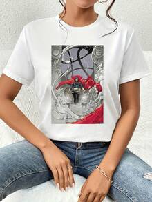Figura heroica rodeada de energía mística y nubes simbolizando poder interior y sabiduría en el camino de la transformación, camiseta de mujer  cómoda y moderna para uso diario - Blanco - Ver 1