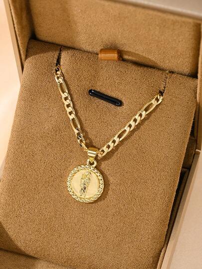 1PC Fashion Retro Religious Pendant Necklace For Women, Made Of 14K Gold-Plated Copper, Classic Saint Jude Pendant Inlaid With Sparkling Zirconia, Luxury And High-End Texture. Matched With 50cm Figaro Chain, Comfortable And Tangle-Free To Wear, Retro Elegant With Religious Charm, Perfect For Daily Wear, Worship And Gifts.