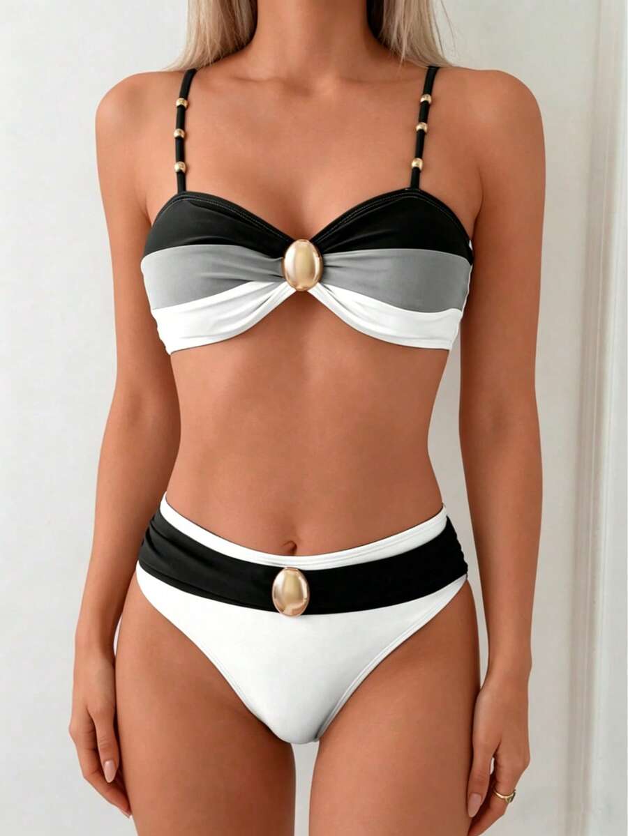 Bikini Swimsuit Set With Adjustable Backless Top And Contrasting Trim Bottom, Perfect For Summer Beach Vacations. - 黑色 - 查看 1