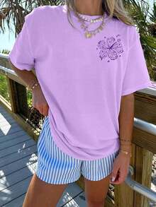 Camisetas con estampado de letras para mujer, camisetas gráficas de gran tamaño para mujeres y adolescentes, camisetas gráficas Y2k de manga corta con estampado floral, camisetas estéticas de verano, ropa linda y preppy para mujer, para vacaciones, días libres, moda casual diaria y versatilidad. - Morado floral - Ver 2