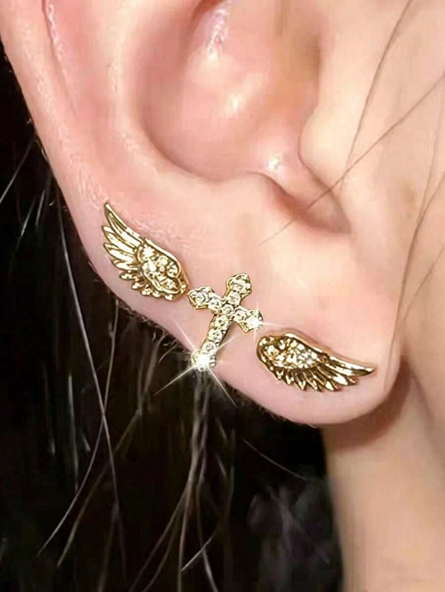 3pcs Delicate Fashionable Versatile Charming Rhinestone Cross Wing Stud Earrings, Suitable For Women's Daily, Festival, Party Wear - Cross Wings - View 1
