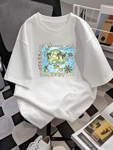 Mapa mágico que representa una isla imaginaria rodeada de mar con barcos piratas, palmeras y una brújula que simboliza la aventura y la libertad del espíritu joven camiseta de mujer  cómoda y casual para uso diario - Blanco - Ver 2