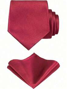 1 Set Solid Color Necktie & Pocket Square Set, 8cm Handmade Necktie & Handkerchief Set, Suitable For Wedding, Banquet, Party - Burgundy - View 2