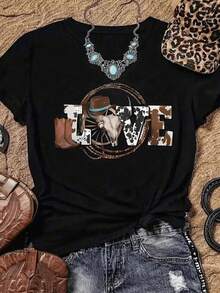 Symbol Of Love For The Cowboy Spirit With Lettering Showing Hat, Rope, Skull And Boot Reflecting The Strength Of The Countryside And Passion For Life. Comfortable Casual Women's T-Shirt For Everyday Wear. - Black - View 8