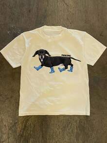 Camiseta de manga corta con estampado de perro salchicha, estilo americano y moderno, camisa casual minimalista, diseño versátil de moda para primavera y verano - Camiseta unisex de algodón holgada con cuello redondo y manga corta, estilo vintage urbano, blusas para mujer. blusas.blusas casuales para dama. - Albaricoque - Ver 1