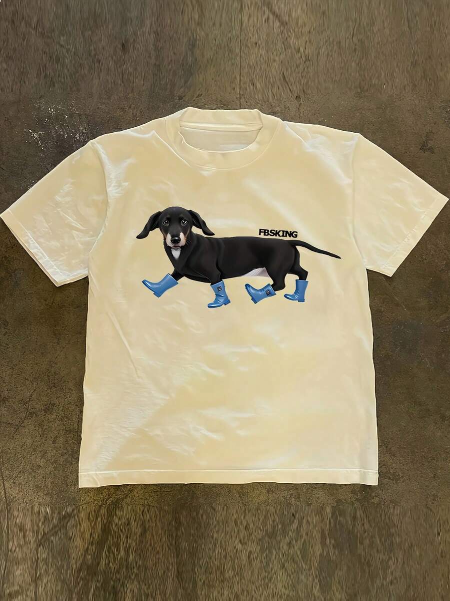 Camiseta de manga corta con estampado de perro salchicha, estilo americano y moderno, camisa casual minimalista, diseño versátil de moda para primavera y verano - Camiseta unisex de algodón holgada con cuello redondo y manga corta, estilo vintage urbano, blusas para mujer. blusas.blusas casuales para dama. - Albaricoque - Ver 1