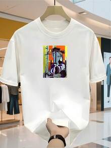 Men's Custom T-Shirt With A Picasso Portrait Print, Casual Sports T-Shirt, Suitable For Valentine's Day, Christmas, Easter, Independence Day - Unisex Cotton Loose Fit Short Sleeve Crew Neck Urban Vintage Style T-Shirt. - 白色 - 查看 1