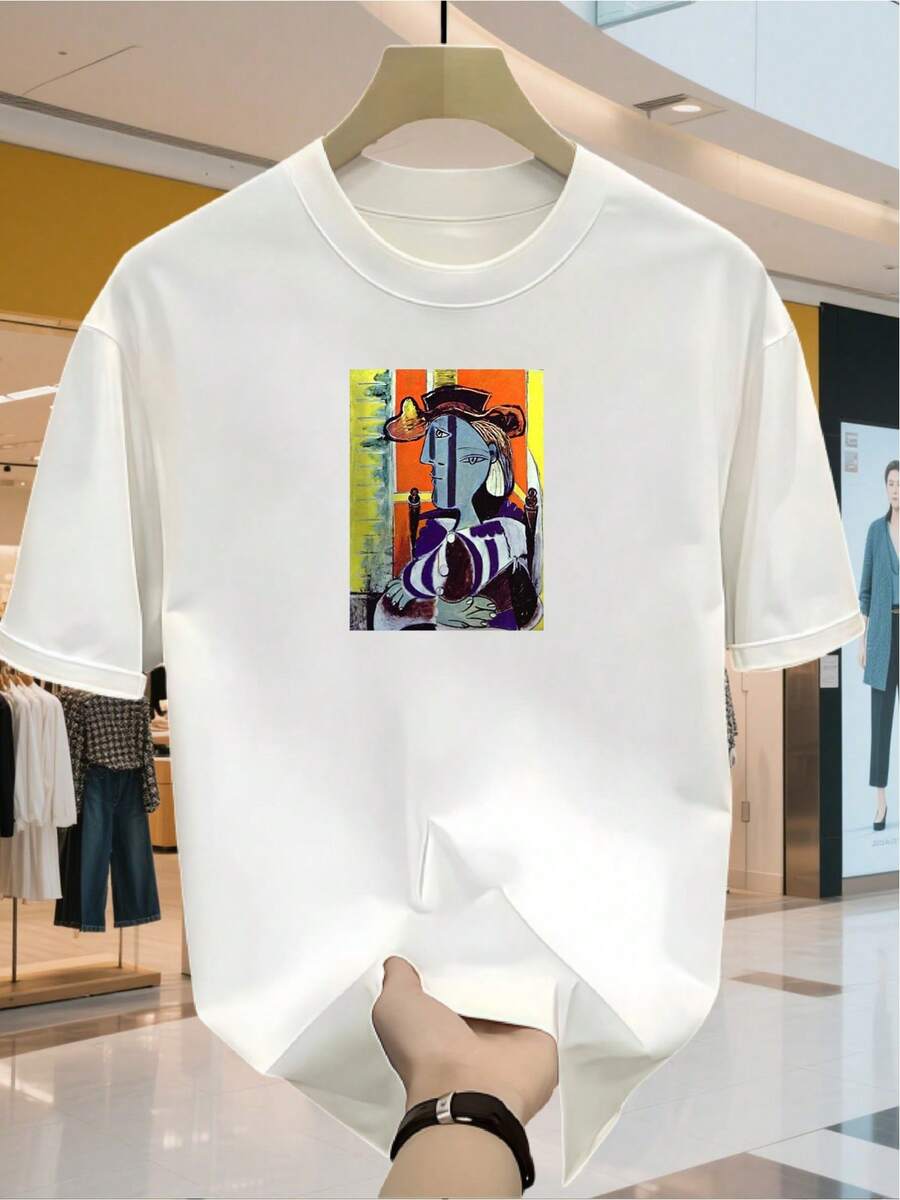 Men's Custom T-Shirt With A Picasso Portrait Print, Casual Sports T-Shirt, Suitable For Valentine's Day, Christmas, Easter, Independence Day - Unisex Cotton Loose Fit Short Sleeve Crew Neck Urban Vintage Style T-Shirt. - 白色 - 查看 1