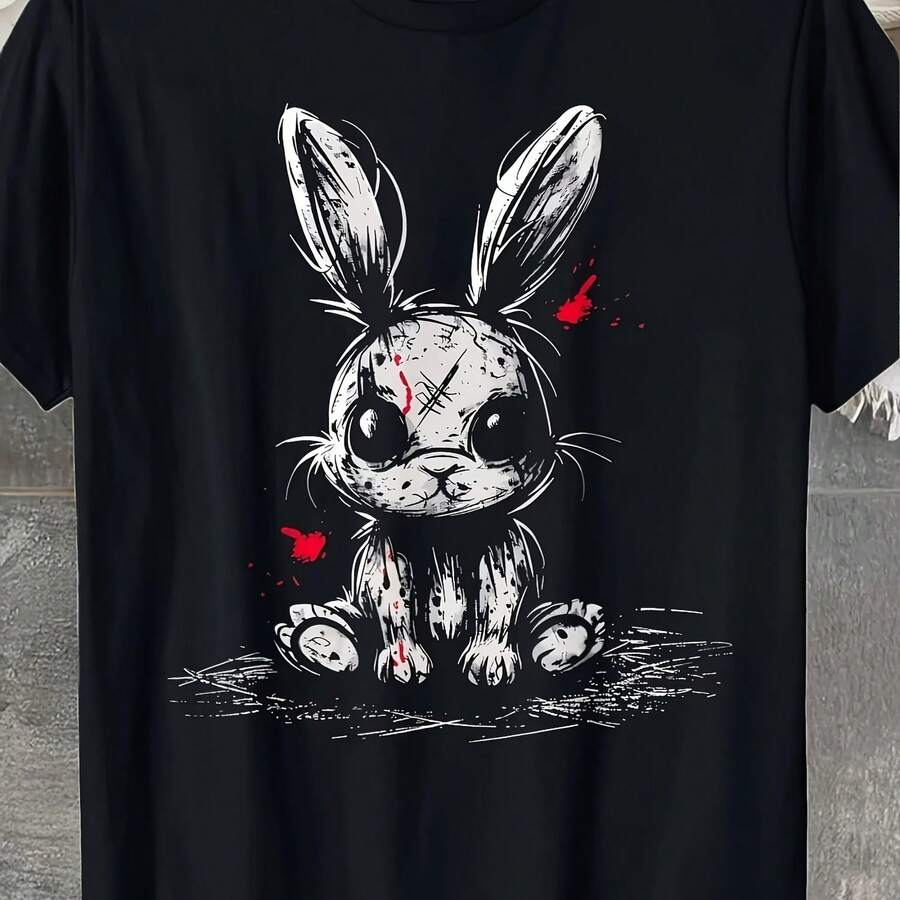 Camiseta de hombre con diseño de conejo de terror, estilo gótico alternativo, de algodón, informal, oversize, cuello redondo, con gráfico novedoso - forma - Ver 1