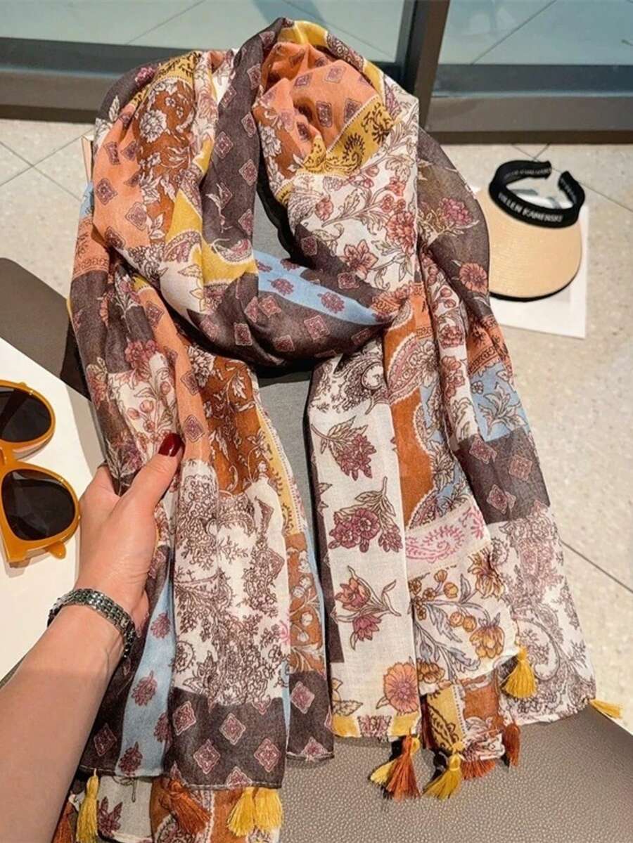 1pc New Arrival Sweet Heart Tassel Scarf, Lightweight For Spring/Summer Outdoor, Beach, Air-Conditioned Room, Shawl - Brown - View 1