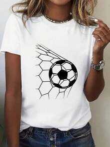 Camiseta Moderna y Minimalista para Mujer con Diseño Gráfico de Fútbol - Diseño de Dibujos Animados "Gol", Cuello Redondo y Manga Corta, Perfecta para Aficionados al Fútbol, Ropa para Todas las Temporadas, Ropa para Fanáticos del Fútbol |   Camiseta con Estampado de Dibujos Animados | Regalos de fútbol, estilo casual para el día a día - Blanco - Ver 1