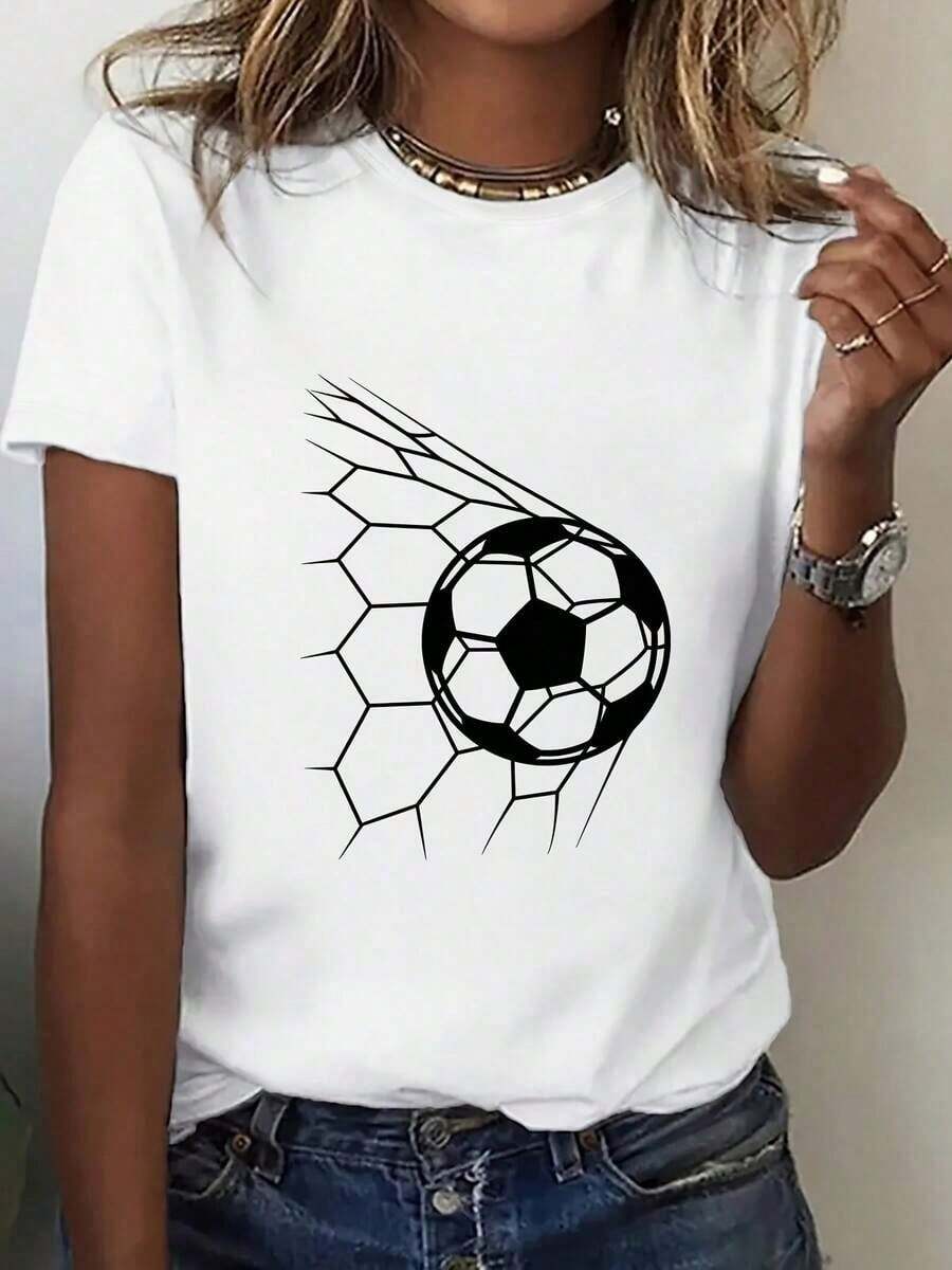 Camiseta Moderna y Minimalista para Mujer con Diseño Gráfico de Fútbol - Diseño de Dibujos Animados "Gol", Cuello Redondo y Manga Corta, Perfecta para Aficionados al Fútbol, Ropa para Todas las Temporadas, Ropa para Fanáticos del Fútbol | Camiseta con Estampado de Dibujos Animados | Regalos de fútbol, estilo casual para el día a día - Blanco - Ver 1