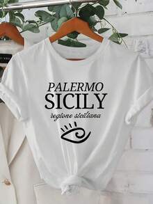 1 camiseta de manga corta de verano para mujer - Diseño con gráfico geométrico 2D de un punto turístico de, Sicilia y un patrón de ojo, estilo urbano moderno.| Diseño Juvenil| Ajuste cómodo, ropa bonita - Blanco - Ver 1