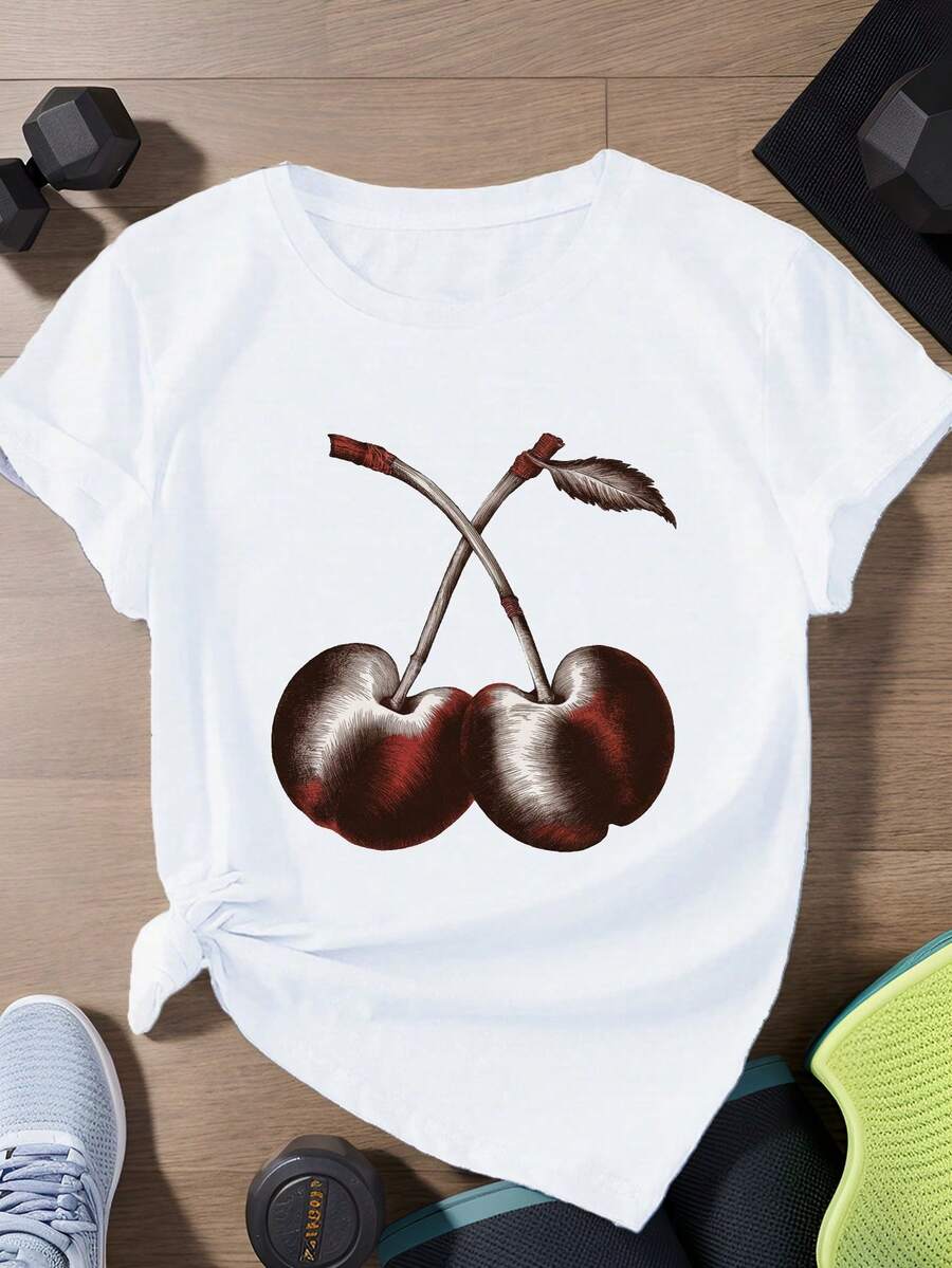 Sombreado de dos cerezas entrelazadas Camiseta deportiva de manga corta de talla para mujer - Blanco - Ver 1