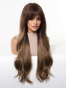 28 Inch Brown Ombre Natural Wavy Long Curly Wig With Bangs, Heat Resistant Synthetic Wigs, Easy To Wear And Style For Women, Suitable For Halloween, Cosplay, Music Festivals, Beginner Friendly, Holiday Gift - Brown Ombre - View 5