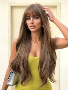 28 Inch Brown Ombre Natural Wavy Long Curly Wig With Bangs, Heat Resistant Synthetic Wigs, Easy To Wear And Style For Women, Suitable For Halloween, Cosplay, Music Festivals, Beginner Friendly, Holiday Gift - Brown Ombre - View 1