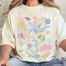 Women's Summer Casual T-Shirt - Crayon Style Sea Animal Family Print, Breathable, Short Sleeve, Round Neck, Machine Washable, Regular Fit For Casual Wear, Comfortable T-Shirt, Fun Design, Stylish Casual Short Sleeve Slim Fit T-Shirt - 白色 - 查看 6