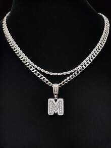 Bộ 2 món: 1 mặt dây chuyền chữ cái đính đá Cubic Zirconia & 2 dây chuyền thép không gỉ, 26 chữ cái tiếng Anh, Dây chuyền mặt dây chuyền phong cách hip hop cổ điển dành cho nữ, Thích hợp đeo hàng ngày hoặc dự tiệc, Quà tặng ngày Valentine - Bạc - Xem 2