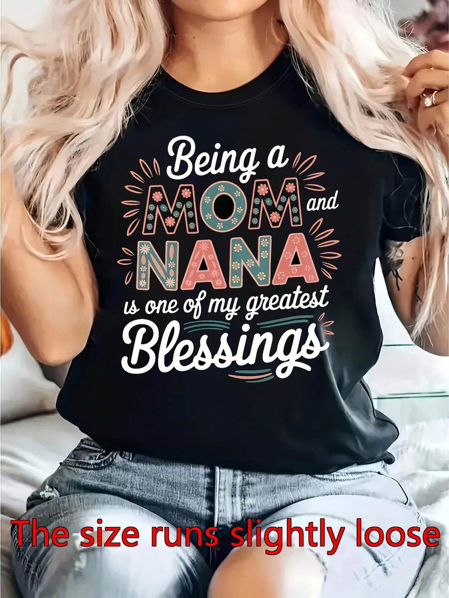 Women'S Mom & Nana Blessing T-Shirt - Being A MOM And NANA Is One Of My Biggest Blessings - Soft, Casual Top For Mothers And Grandmothers, Perfect For Family Gifts - 黑色 - 查看 1