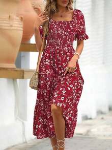 Clasi Vestido de línea A con mangas abullonadas y estampado floral para mujer - Rojo - Ver 4