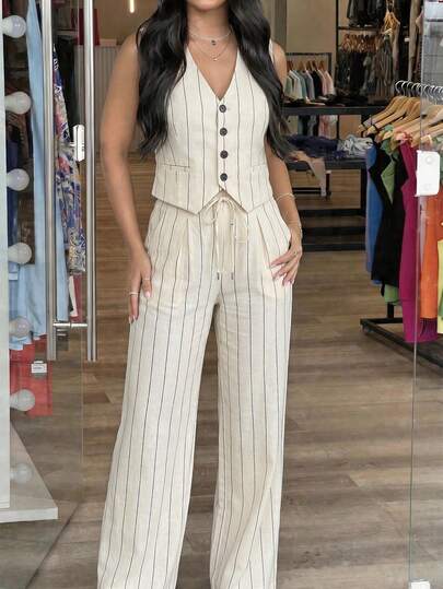 Women's Casual Business Vertical Striped Loose Sleeveless Top And Pants Set White