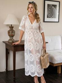 Vestido de playa de manga corta con cuello en V, de encaje transparente y estilo bohemio. Adecuado para la playa, viajes, festivales de música y salidas de verano - Blanco - Ver 4