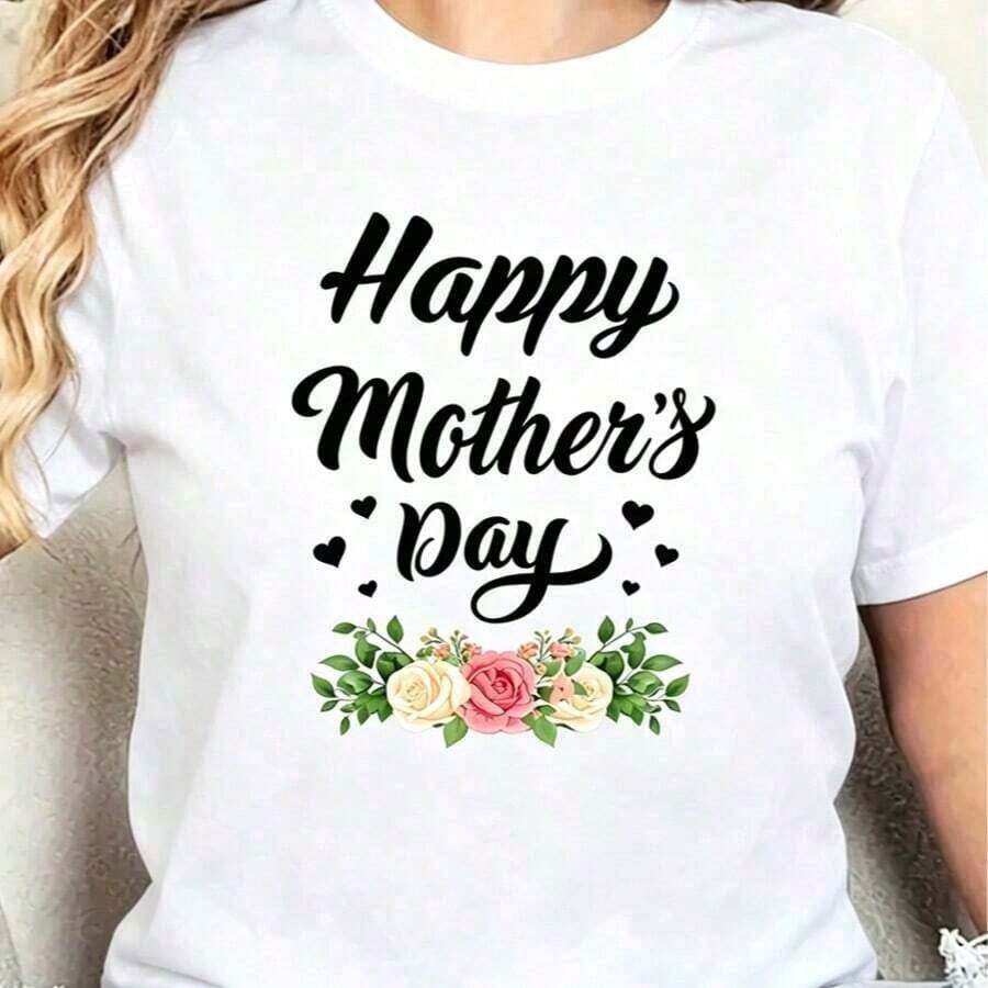 Floral Print T-Shirt For Mother's Day - Casual Crew Neck, Pink Roses And Green Leaves, Mother's Day Gift, High Elasticity, Regular Sleeve, Spring/Summer/Autumn, Appliques, Pullover Style, H-Cut, Regular Fit, Fabric, 180g/M² - 白色的 - 查看 1