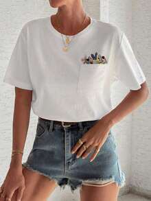 Y2K Style, Fashionable Style, 2026 Newest, Cute Style, Casual Style. Women's Casual Summer Short-Sleeved T-Shirt With Floral Embroidery 180g (S-XXXL) - 白色的 - 查看 6