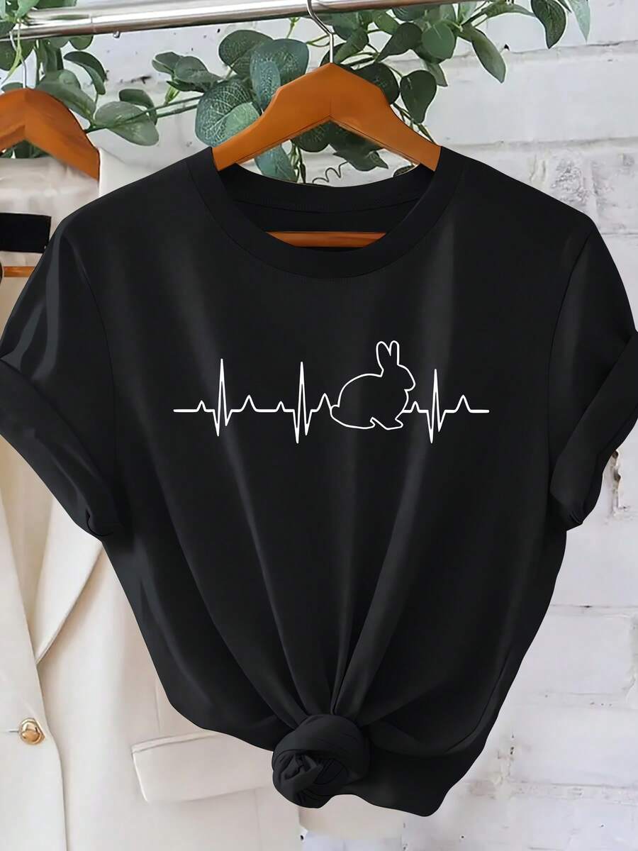 Women's Short-Sleeved T-Shirt With A Simple And Creative Retro Print From EKG Line Rabbit. Perfect For Spring And Summer, This Versatile T-Shirt Is Ideal For Everyday Wear, Casual Occasions, Spring Celebrations, Easter, And Other Stylish Occasions. It's A Sporty And Modern Design With A Simple Round Neckline. This Comfortable And Breathable Top Offers A Distinctive Printed T-Shirt In A Unisex Style, Suitable For Both Men And Women. It's Wrinkle-Resistant And Breathable. - 黑色 - 查看 1