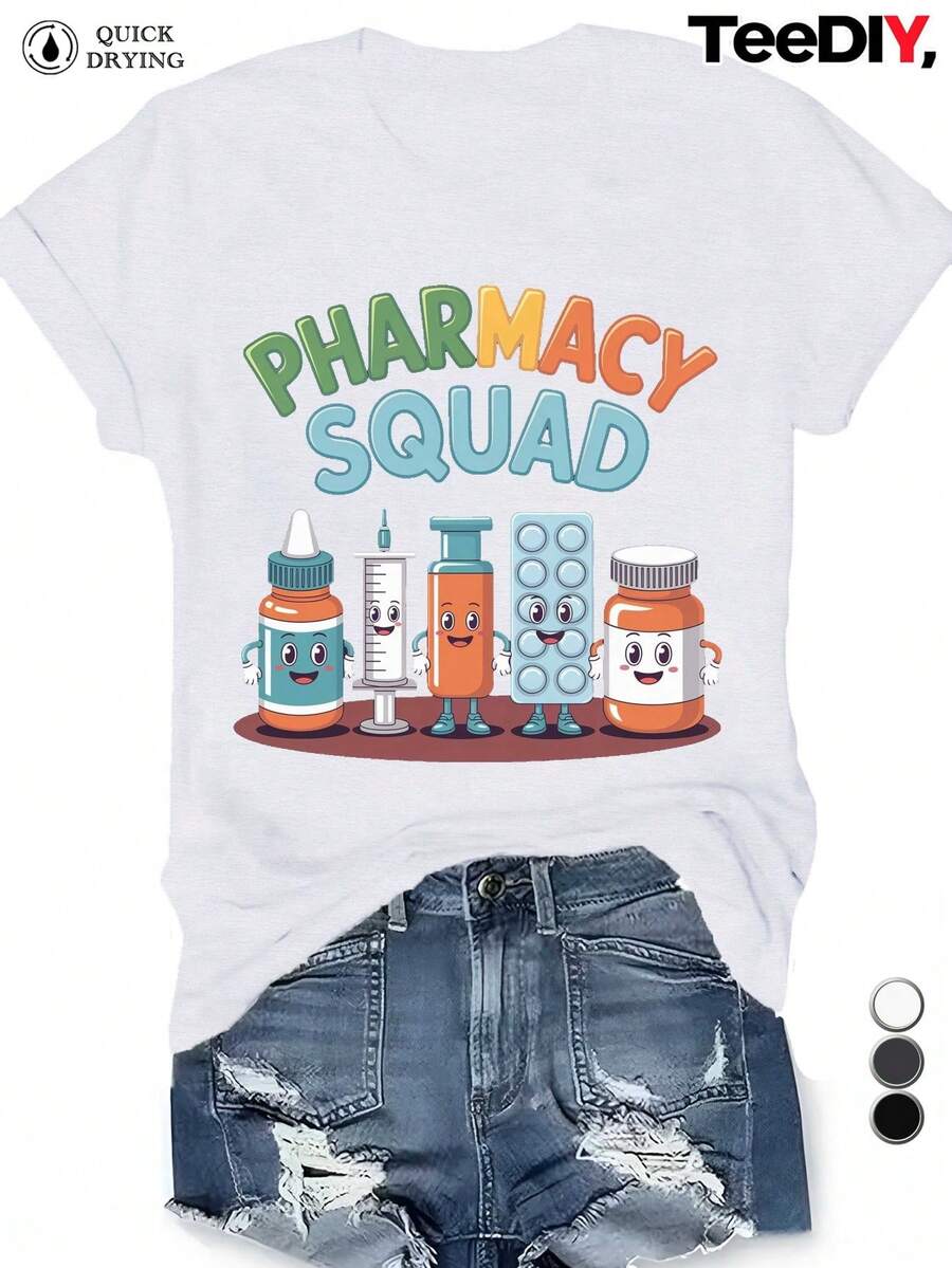 Plus Size Women's T-Shirt With Cartoon Pharmacy Equipment Design - Medicine Bottle Pattern And Pharmaceutical Symbols, Comfortable Round Neck, Short Sleeve, Casual Wear For Work And Daily Use In Pharmacies, Gift For Pharmacists, Suitable For All Seasons. - 白色 - 查看 1