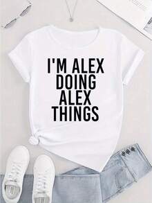 SuavePlus Size - Women's Casual T-Shirt With "I'M ALEX DOING ALEX THINGS" Slogan Print - Black With White Lettering, Short Sleeve, Crew Neck, Lightweight And Breathable Fabric, Relaxed Fit For Spring And Summer, Casual Wear, Women's T-Shirts, Summer Fashion, Bold Letter T-Shirt, Comfortable Fit T-Shirt, New Arrival - 白色 - 查看 3