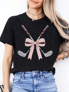Premium Women's Casual Loose Fit T-Shirt, Fashionable Crew Neck T-Shirt For Mother's Day | Short Sleeve T-Shirt With Special Golf Club Design, Ideal For Everyday Sports Wear And As A Gift For Friends And Family. - 黑色 - 查看 1