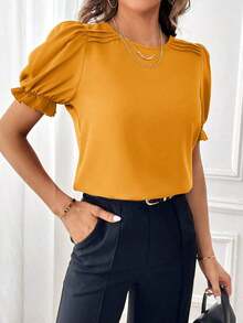 Blusa con mangas abullonadas, blusas de manga corta - Amarillo Mostaza - Ver 3