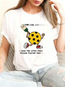 Minimalist Cartoon Style Basic T-Shirt For Pickleball | Casual White T-Shirt With A Fun DINK Design - Ideal For Summer, Pickleball Enthusiasts, With A Humorous Homophonic Phrase, Perfect As A 4th Of July Gift Or For Everyday Casual Wear. - 白色 - 查看 1