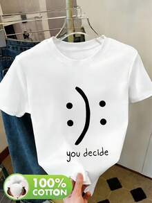 Women's Casual Summer Crew Neck T-Shirt, 100% Breathable, With Fixed Direction  Face Design And "You Decide" Text, Suitable For Casual Sportswear (Machine Washable), Ideal For Spring/Summer/Autumn. - 白色 - 查看 8