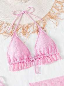 Conjunto de bikini de 3 piezas con tapa de falda, estilo de vacaciones en la playa, para mujer, con bikini halter sin espalda y encaje sexy - Rosa 2 - Ver 7