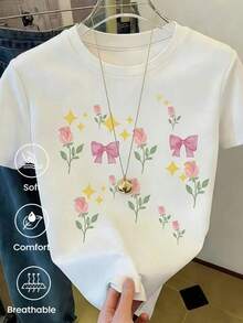 Soft, Fashionable Short-Sleeved T-Shirt For Spring And Summer, Made In Mexico, 200 Grams. Cartoon Print, Couple Design, Suitable For Indoor Or Outdoor Wear. Crew Neck, Unisex, Ideal For Office And Leisure. One-Piece Pack. Elegant Blouses For Ladies. - 白色 - 查看 6