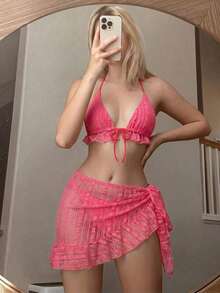 Conjunto de bikini de 3 piezas con tapa de falda, estilo de vacaciones en la playa, para mujer, con bikini halter sin espalda y encaje sexy - Rosado Sandía - Ver 3