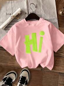 Summer 2026 Collection, Women's T-Shirt, Comfortable, Casual, Versatile, Elegant, Round Neck, Short Sleeve, Women's Top, Valentine's Day, Fluorescent Green Letter Print, 100% Cotton, Sizes S-7XL - 羅莎 - 查看 7