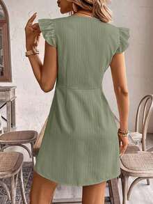 Vestido casual de vacaciones para mujer con mangas de volantes y botones delanteros de unicolor, vestidos de verano para mujer, vestido de té de vacaciones - Verde Oliva - Ver 2