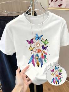Camiseta de manga corta con estampado para mujer, ropa de primavera, atuendo para festividades, blanca para verano, look playero, estilo vacacional, estilo rural, atuendo de oficina para mujer. - Blanco - Ver 1