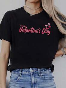 Soft 100% Cotton T-Shirt, Casual Short-Sleeved Crew Neck T-Shirt For Women, With Creative Valentine's Day Prints, Simple Design, Ideal For Outdoor Activities, Comfortable And Versatile, The Perfect Choice For A Birthday Gift, Also A Good Option For Family And Friends. Breathable Cotton T-Shirt, Goes With Everything. - 黑色 3 - 查看 6